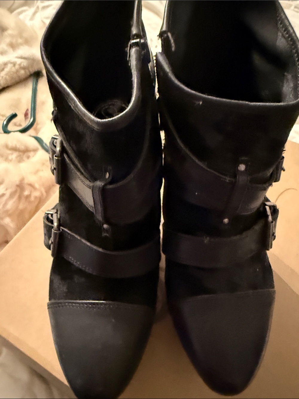 Jessica Simpson Black Pointed Buckle Lace-Up Ankle Boots.